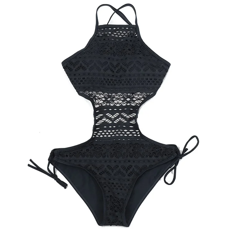 SW002 Sexy Women Lace Hollow Out Bikini Swimsuit One-Piece Swimwear, Size L - Black