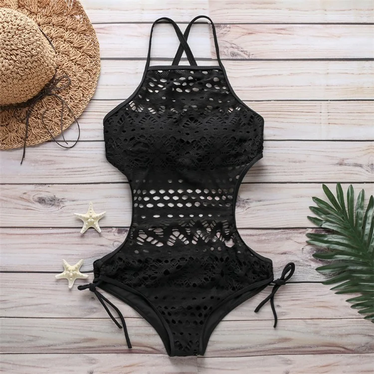 SW002 Sexy Women Lace Hollow Out Bikini Swimsuit One-Piece Swimwear, Size L - Black