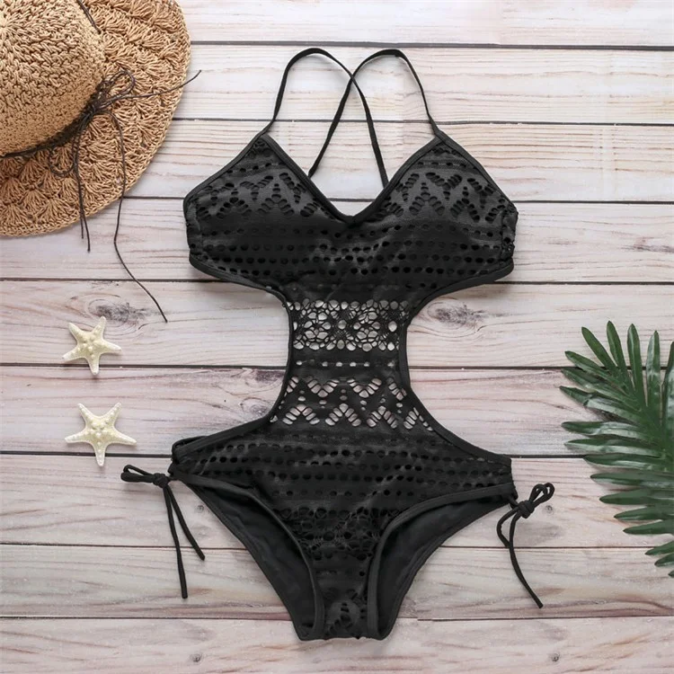 SW002 Sexy Women Lace Hollow Out Bikini Swimsuit One-Piece Swimwear, Size L - Black