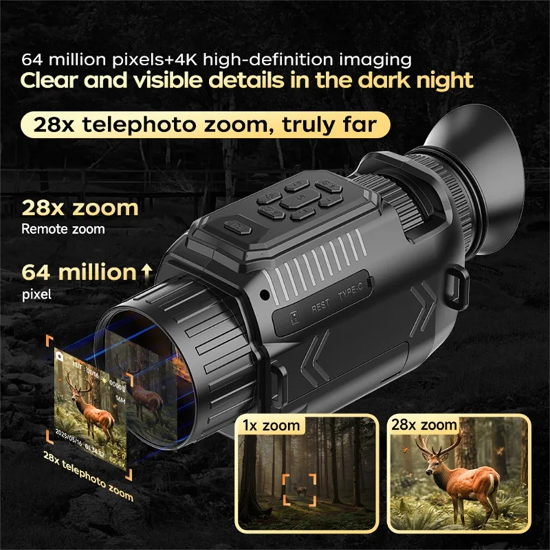 Monocular de Câmera D15 WiFi com Visão Noturna 4K 64MP Zoom 28X para Observação de Vida Selvagem (Sem Cartão de Memória)