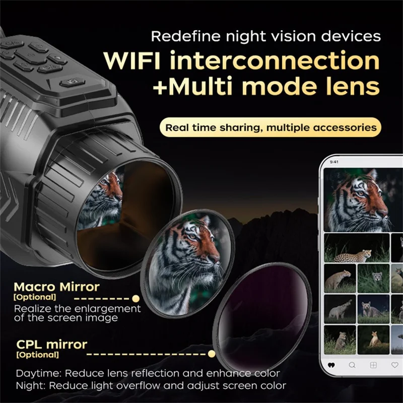 D15 WiFi Монокуляр ночного видения с камерой 4K 64 Мп, 28-кратный зум, с 64 ГБ картой памяти + 43 мм макрообъектив + CPL-фильтр