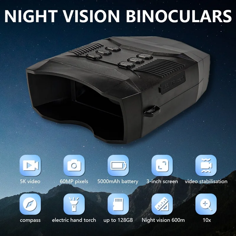 Binóculos de Visão Noturna Infravermelha 5K com Tela HD de 3 Polegadas, Zoom Digital 10X e Lanterna