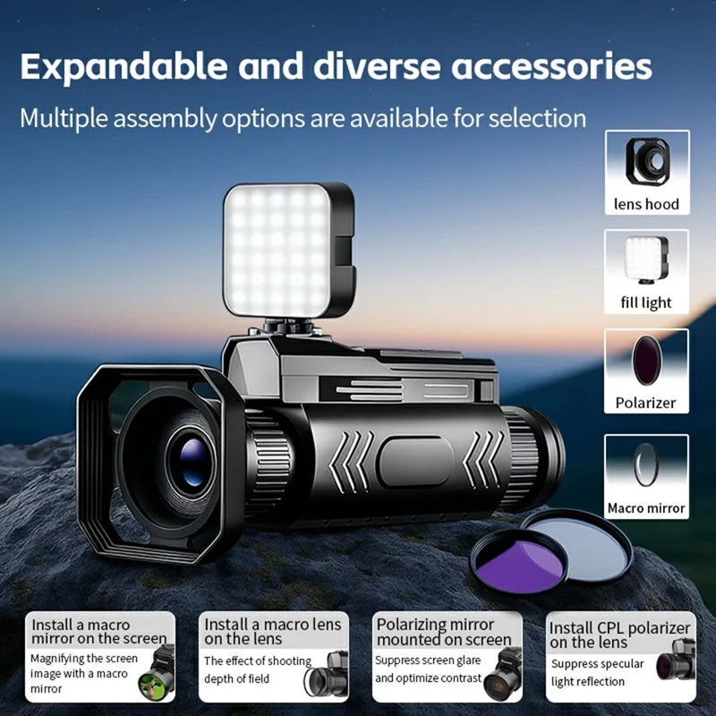 D12 Outdoor Infrared Digital Telescope 4K HD WiFi Night Vision Monocular Camera, with Len Hood + Polarizing Filter + Magnifying Lens + Fill Light