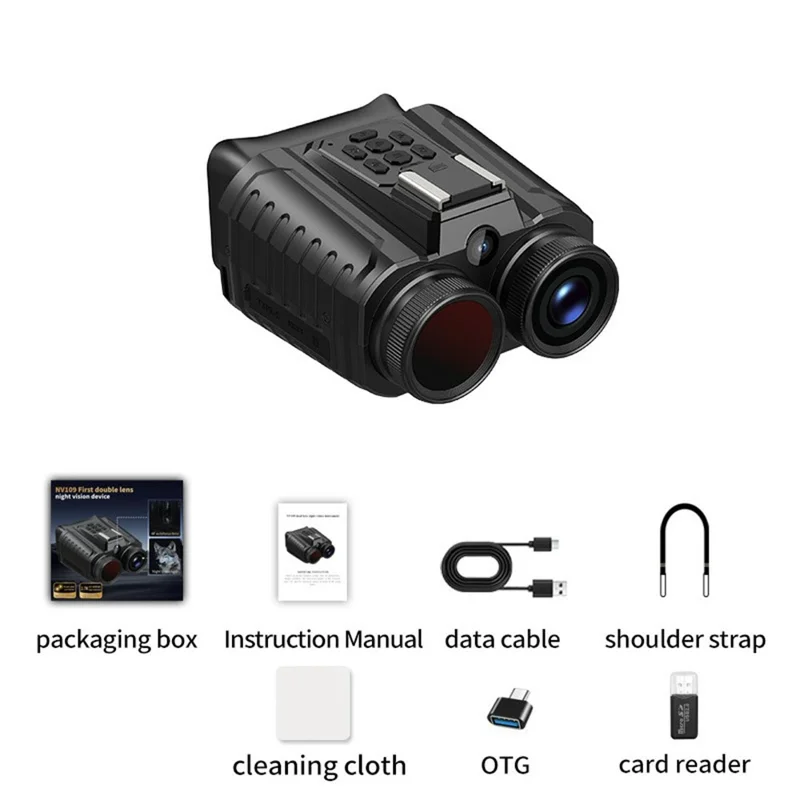 Binóculos de Visão Noturna NV109 Outdoor Hunting com Tela IPS de 2,0 Polegadas, Câmera de Gravação de Vídeo de Lente Dupla, com Cartão de 32GB