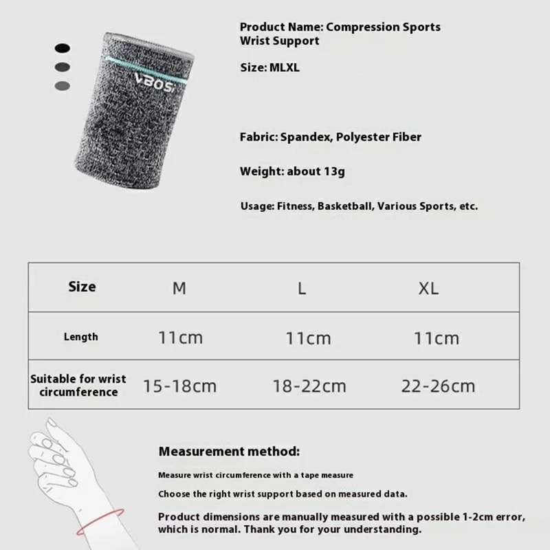 VBOSI 5087V 1Pc Size M Wrist Support Sweat Absorbing Compression Wrist Brace for Sports Protection - Light Grey
