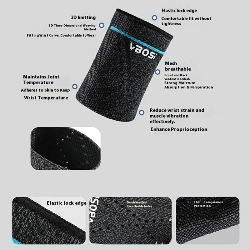 VBOSI 5087V 1Pc Size XL Wrist Support Sweat Absorbing Compression Wrist Brace for Sports Protection - Light Grey