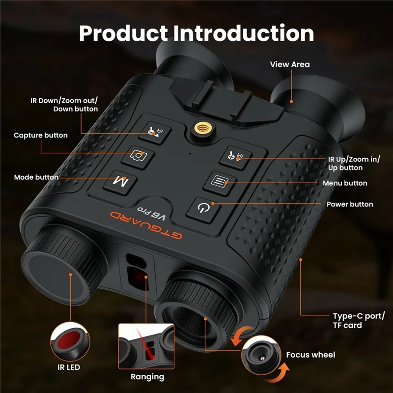 GTGUARD V6 Pro 4K Night Vision Binoculars with Precision Ranging Function Dual Mode 8X Digital Zoom 300m Range 1080P Recording Digital Telescope for Hunting - Black