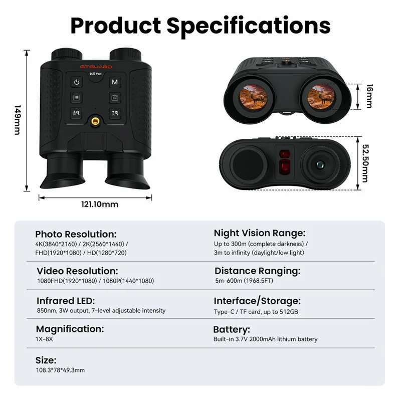 GTGUARD V6 Pro 4K Night Vision Binoculars with Precision Ranging Function Dual Mode 8X Digital Zoom 300m Range 1080P Recording Digital Telescope for Hunting - Black