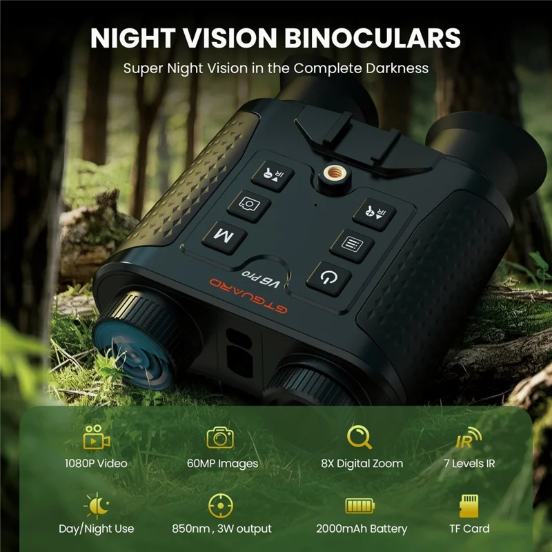 GTGUARD V6 Pro 4K Night Vision Binoculars with Precision Ranging Function Dual Mode 8X Digital Zoom 300m Range 1080P Recording Digital Telescope for Hunting - Black