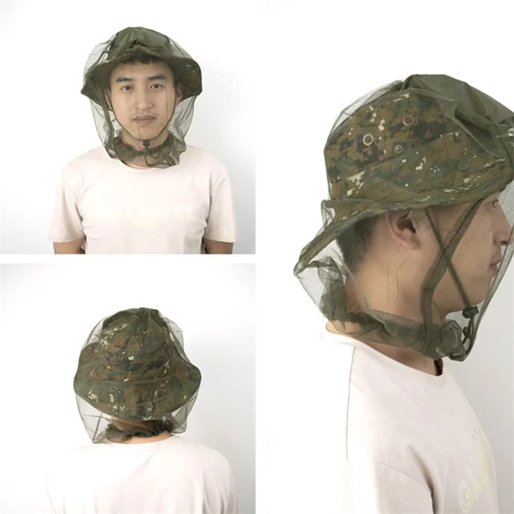 AOTU Camouflage Bucket Hat Cap with Anti-mosquito Head Net Face Mesh for Outdoor Camping Fishing - Army Green