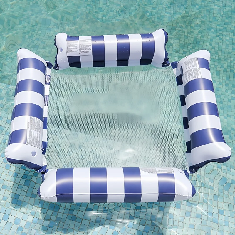 Inflatable Floating Lounger Foldable Backrest Stripe Water Hammock For Adults Pool Float 4 Tube Design - Dark Blue