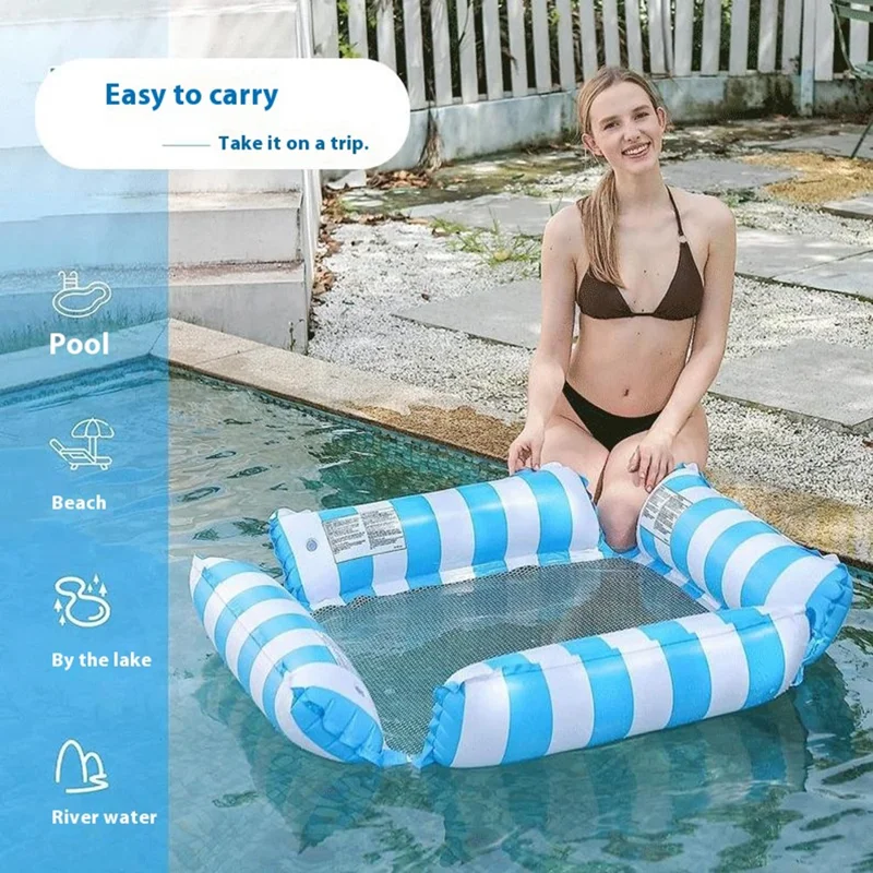 Inflatable Floating Lounger Foldable Backrest Stripe Water Hammock For Adults Pool Float 4 Tube Design - Dark Blue