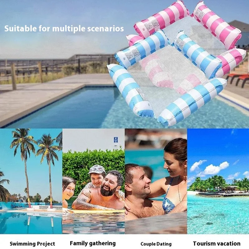 Inflatable Floating Lounger Foldable Backrest Stripe Water Hammock For Adults Pool Float 4 Tube Design - Dark Blue