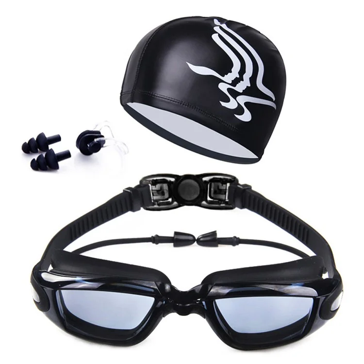 YJ002 Ensemble d'Accessoires de Natation pour Adultes - Lunettes Imperméables Anti-Buée, Bonnet, Bouchons d'Oreilles, Pince-Nez - Noir Transparent