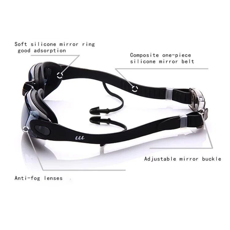 YJ002 Ensemble d'Accessoires de Natation pour Adultes - Lunettes Imperméables Anti-Buée, Bonnet, Bouchons d'Oreilles, Pince-Nez - Noir Transparent