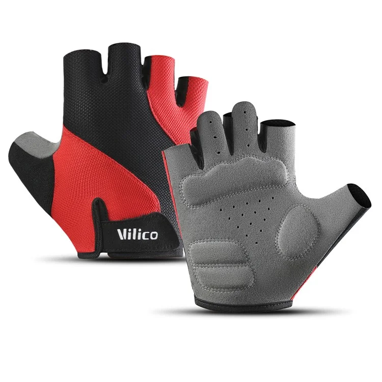 Luvas de Ciclismo VILICO A0123 Tamanho L - Meio Dedo, Esportivas, Respiráveis, Antiderrapantes e com Absorção de Impacto - Vermelho