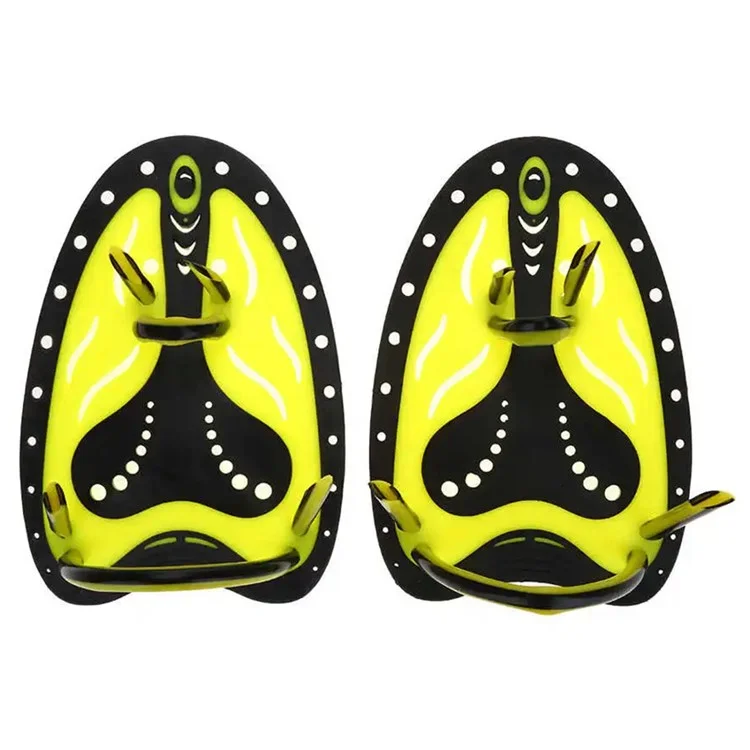 F05 1 Pair L Size Swimming Training Paddles Adjustable Silicone Hand Fins for Adults Freestyle Swimming - Yellow+Black