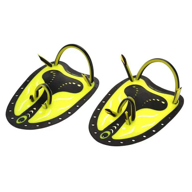 F05 1 Pair L Size Swimming Training Paddles Adjustable Silicone Hand Fins for Adults Freestyle Swimming - Yellow+Black