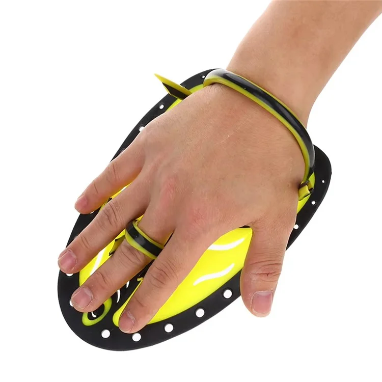 F05 1 Pair L Size Swimming Training Paddles Adjustable Silicone Hand Fins for Adults Freestyle Swimming - Yellow+Black