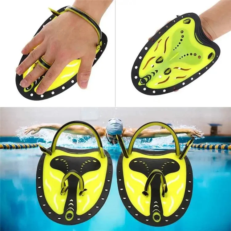 F05 1 Pair L Size Swimming Training Paddles Adjustable Silicone Hand Fins for Adults Freestyle Swimming - Yellow+Black