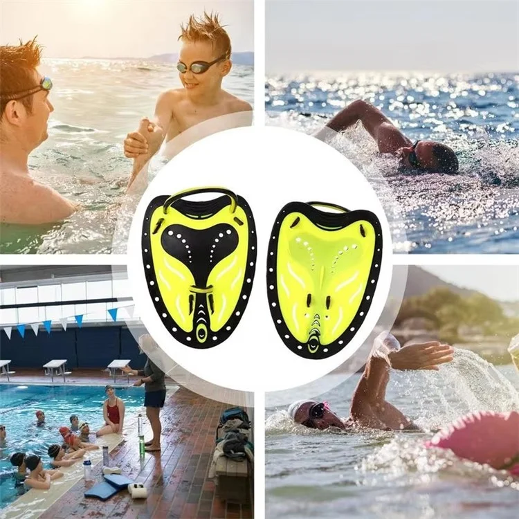 F05 1 Pair L Size Swimming Training Paddles Adjustable Silicone Hand Fins for Adults Freestyle Swimming - Yellow+Black
