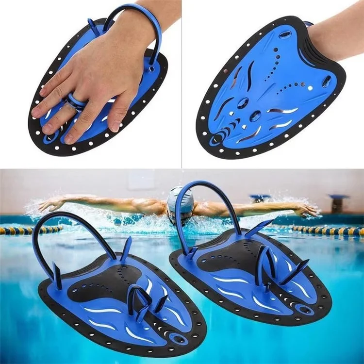 F05 1 Paire Taille L Palettes d'Entraînement de Natation Palmes de Main Réglables en Silicone pour Adultes - Natation en Crawl - Bleu+Noir