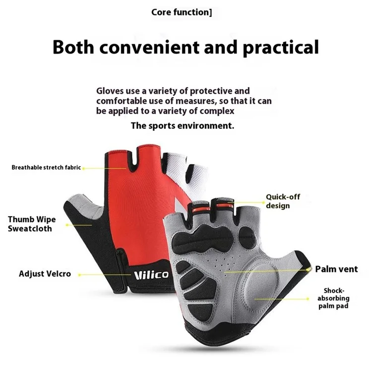 VILICO A0066V 1 Paire Taille XL Gants de Cyclisme, Fitness et Pêche - Antichoc et Antidérapants, Mi-Doigts - Rouge