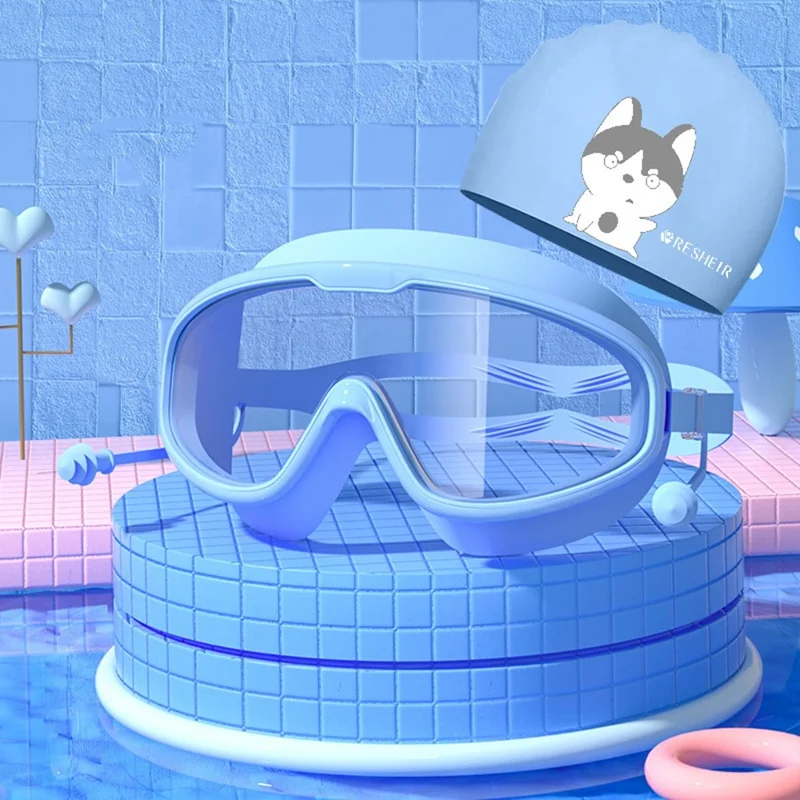 Children Anti Fog Large Frame Swimming Goggles Silicone Swim Cap with Ear Plugs - Grey Blue+Blue