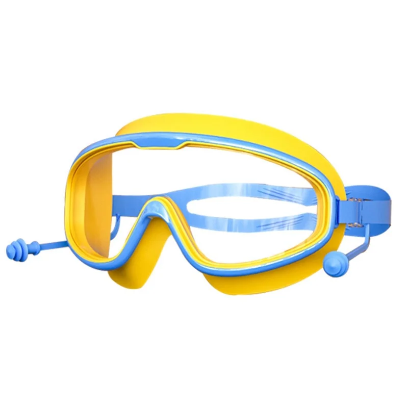 Children Anti Fog Large Frame Swimming Goggles Silicone Swim Cap with Ear Plugs - Grey Blue+Blue