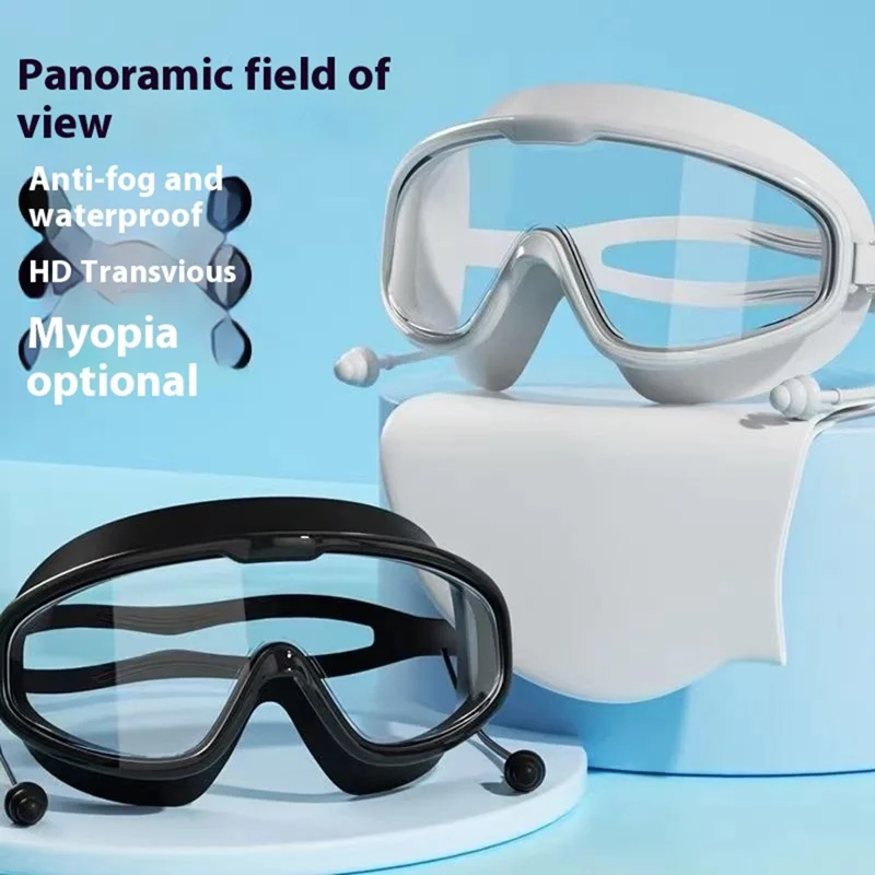 Children Anti Fog Large Frame Swimming Goggles Silicone Swim Cap with Ear Plugs - Grey Blue+Blue