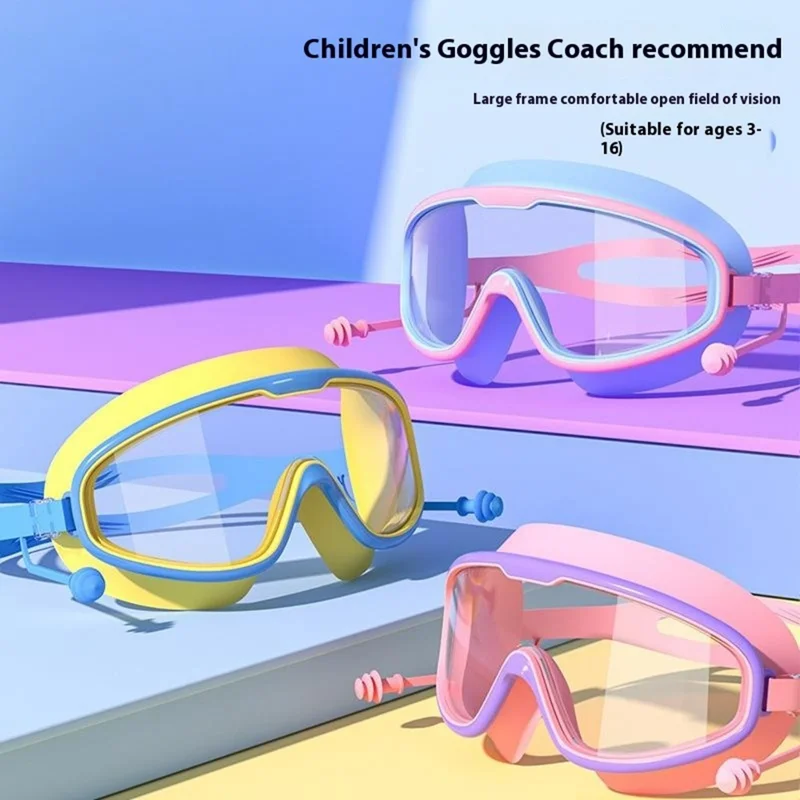 Children Anti Fog Large Frame Swimming Goggles Silicone Swim Cap with Ear Plugs - Grey Blue+Blue