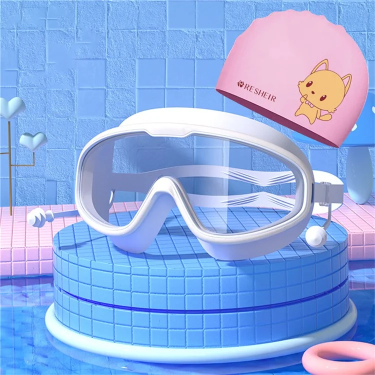 Kinder Anti-Beschlag Schwimmbrille mit Silikon Schwimmkappe und Ohrstöpsel Set für Pool und Strand - Weiß+Rosa