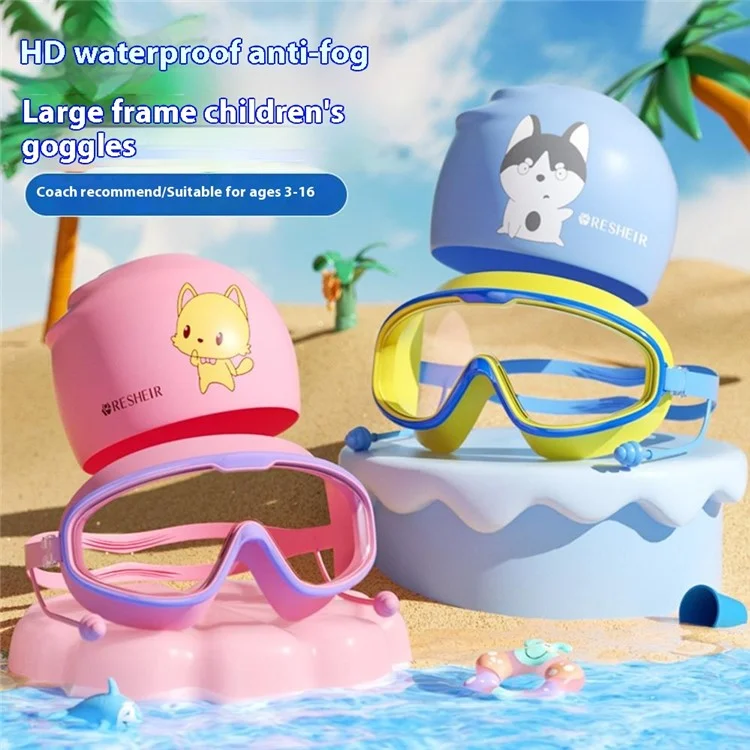 Kinder Anti-Beschlag Schwimmbrille mit Silikon Schwimmkappe und Ohrstöpsel Set für Pool und Strand - Weiß+Rosa