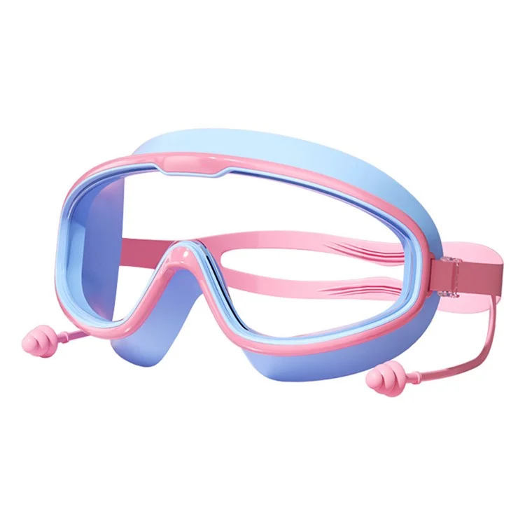 Children Large Frame Swim Goggles Anti Fog Waterproof Swimming Glasses with Integrated Earplugs for Boys  /  Girls - Pink+Blue
