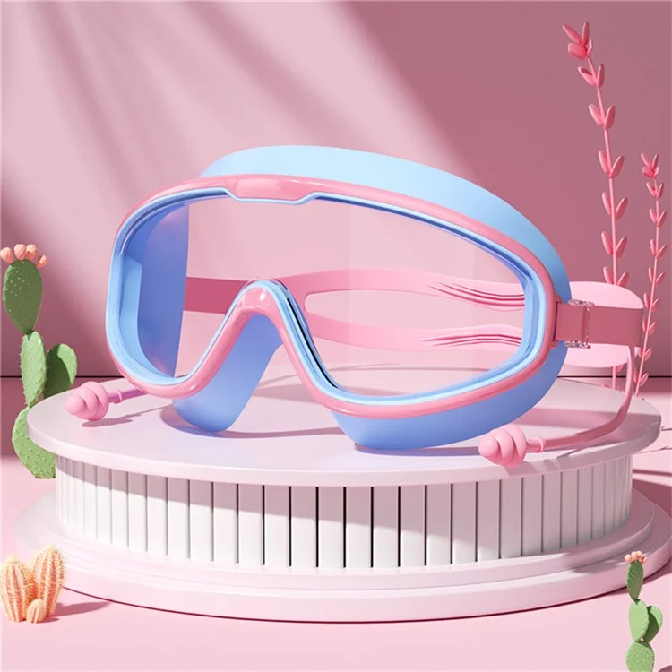 Children Large Frame Swim Goggles Anti Fog Waterproof Swimming Glasses with Integrated Earplugs for Boys  /  Girls - Pink+Blue
