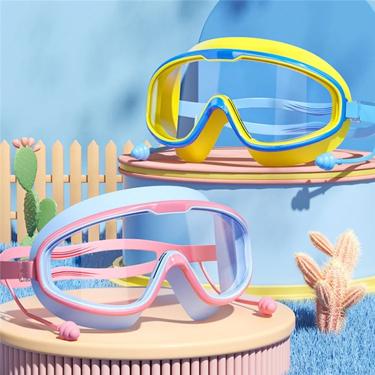 Children Large Frame Swim Goggles Anti Fog Waterproof Swimming Glasses with Integrated Earplugs for Boys  /  Girls - Pink+Blue