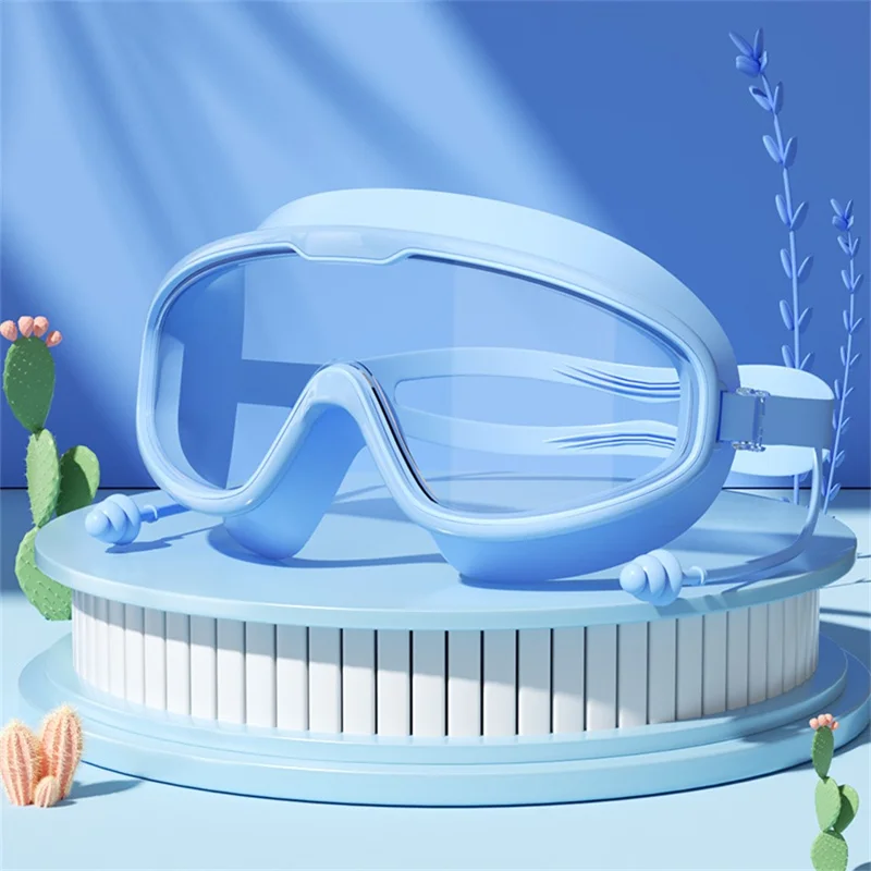 Children Large Frame Swim Goggles Anti Fog Waterproof Swimming Glasses with Integrated Earplugs for Boys  /  Girls - Grey Blue