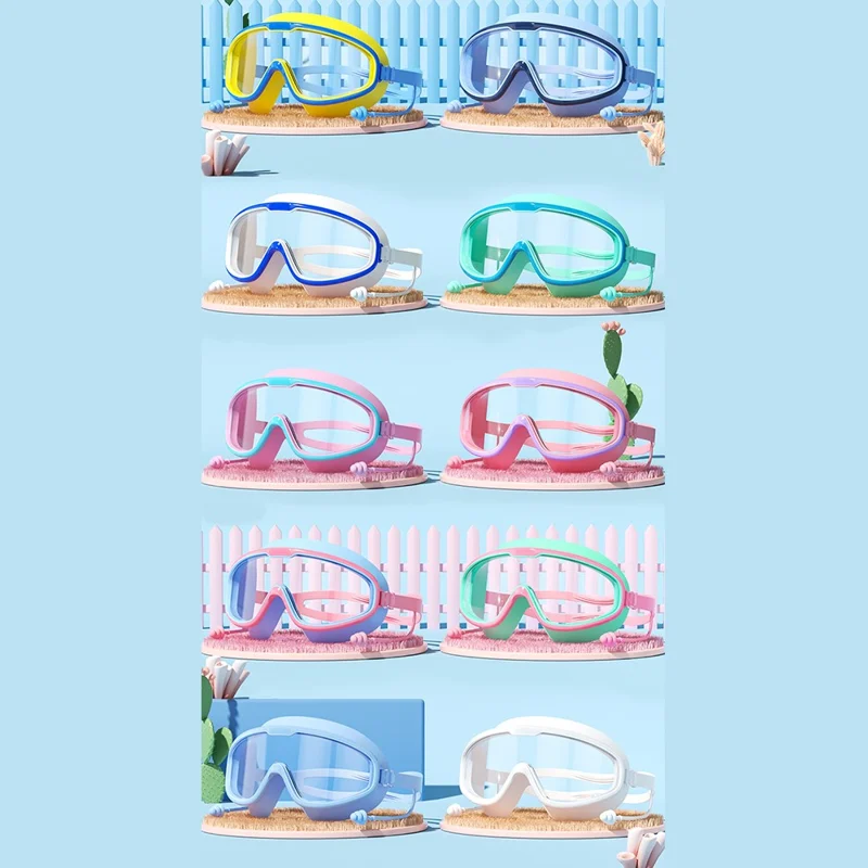 Children Large Frame Swim Goggles Anti Fog Waterproof Swimming Glasses with Integrated Earplugs for Boys  /  Girls - Grey Blue