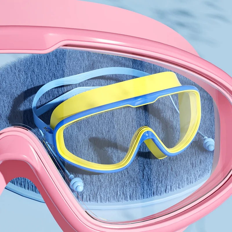 Children Large Frame Swim Goggles Anti Fog Waterproof Swimming Glasses with Integrated Earplugs for Boys  /  Girls - Grey Blue