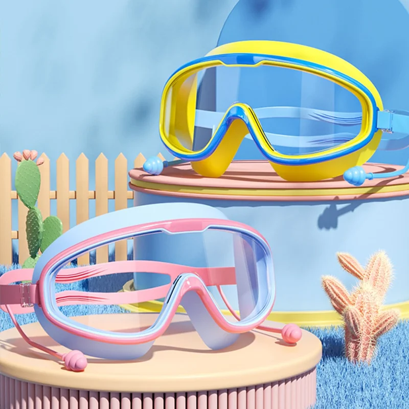 Children Large Frame Swim Goggles Anti Fog Waterproof Swimming Glasses with Integrated Earplugs for Boys  /  Girls - Grey Blue