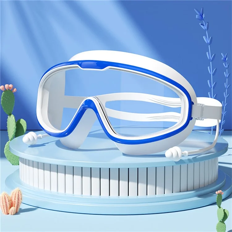 Children Large Frame Swim Goggles Anti Fog Waterproof Swimming Glasses with Integrated Earplugs for Boys  /  Girls - Blue+White