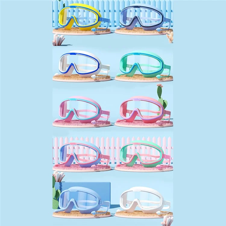 Children Large Frame Swim Goggles Anti Fog Waterproof Swimming Glasses with Integrated Earplugs for Boys  /  Girls - Blue+White
