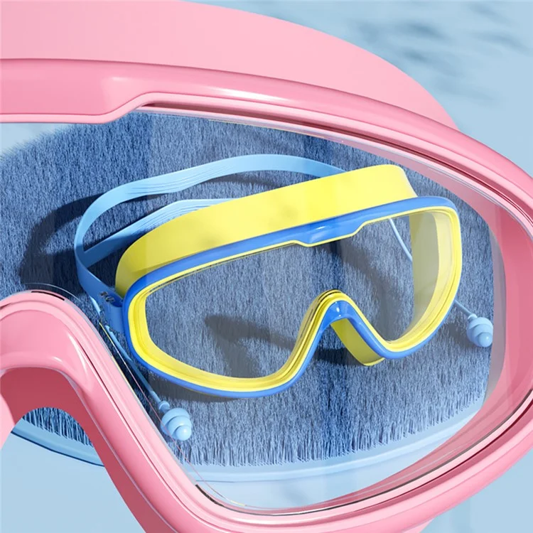 Children Large Frame Swim Goggles Anti Fog Waterproof Swimming Glasses with Integrated Earplugs for Boys  /  Girls - Blue+White