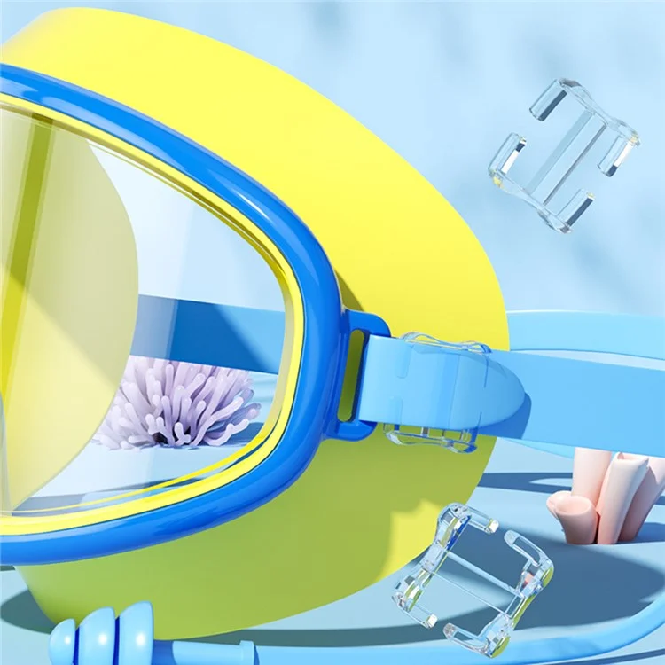 Children Large Frame Swim Goggles Anti Fog Waterproof Swimming Glasses with Integrated Earplugs for Boys  /  Girls - Blue+White