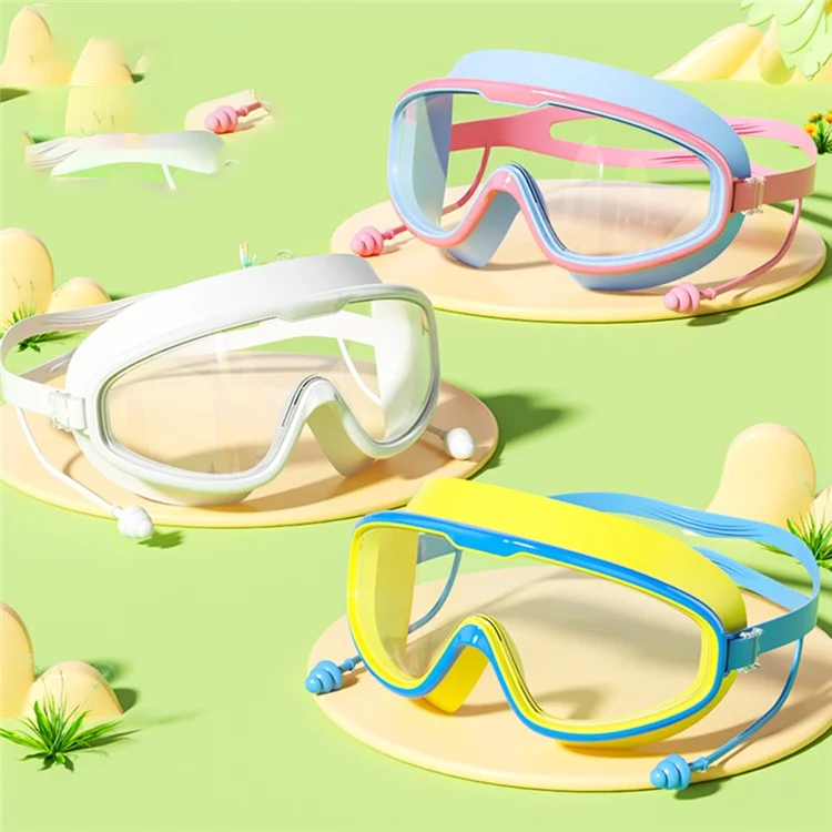 Children Large Frame Swim Goggles Anti Fog Waterproof Swimming Glasses with Integrated Earplugs for Boys  /  Girls - Blue+White