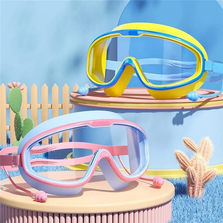 RESHEIR Large Frame Children Swim Goggles Anti Fog Swimming Glasses with Integrated Earplugs for Boys  /  Girls - Pink+Blue