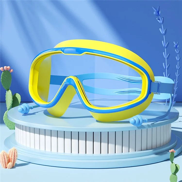 RESHEIR Large Frame Children Swim Goggles Anti Fog Swimming Glasses with Integrated Earplugs for Boys  /  Girls - Blue+Yellow