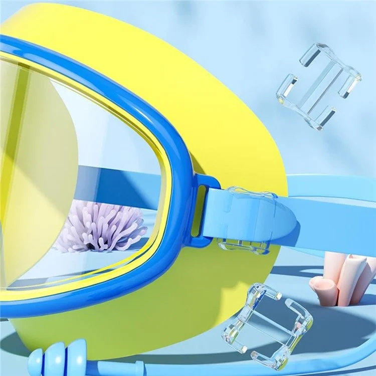 RESHEIR Large Frame Children Swim Goggles Anti Fog Swimming Glasses with Integrated Earplugs for Boys  /  Girls - Blue+Yellow