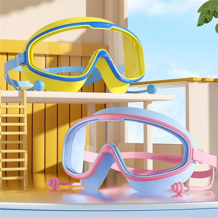 RESHEIR Large Frame Children Swim Goggles Anti Fog Swimming Glasses with Integrated Earplugs for Boys  /  Girls - Blue+Yellow