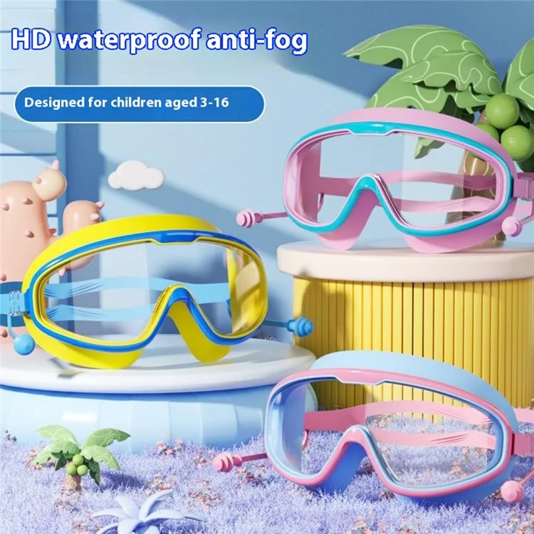 RESHEIR Large Frame Children Swim Goggles Anti Fog Swimming Glasses with Integrated Earplugs for Boys  /  Girls - Blue+Yellow